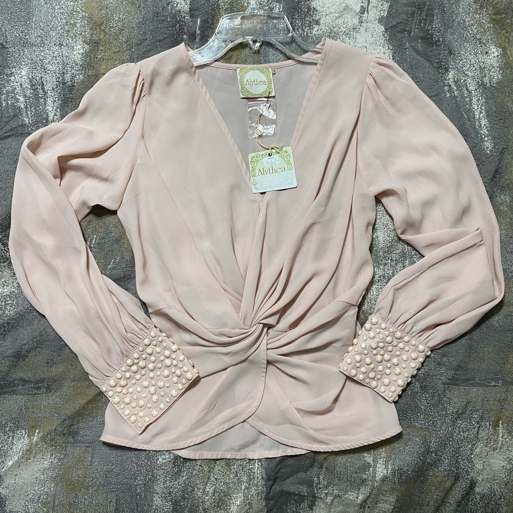 Alythea V-Neck Gathered Knot Jeweled Cuff Top - Picture 3 of 10